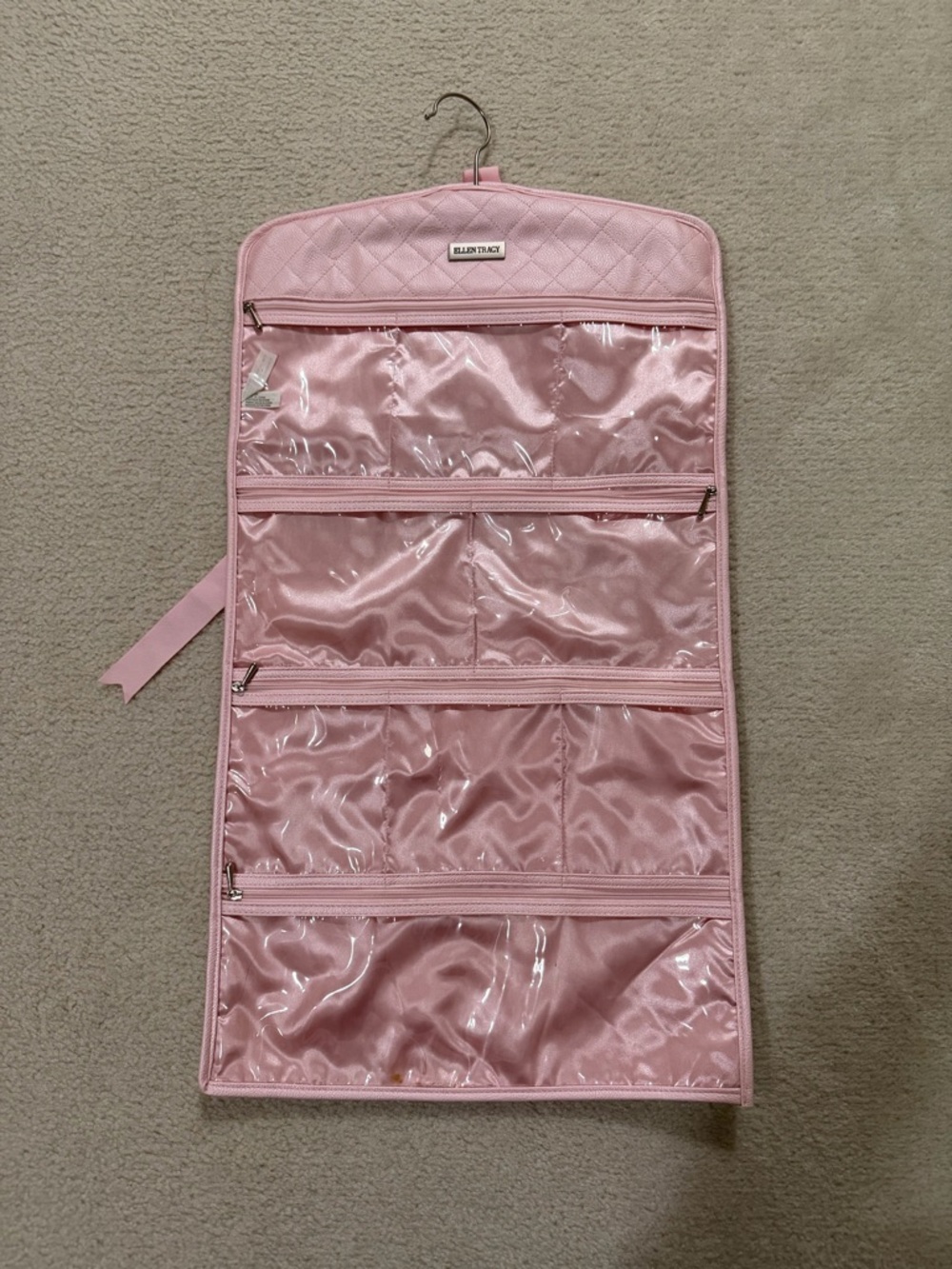 Pink Quilted Hanging Organizer - Clear Pocket Travel Case